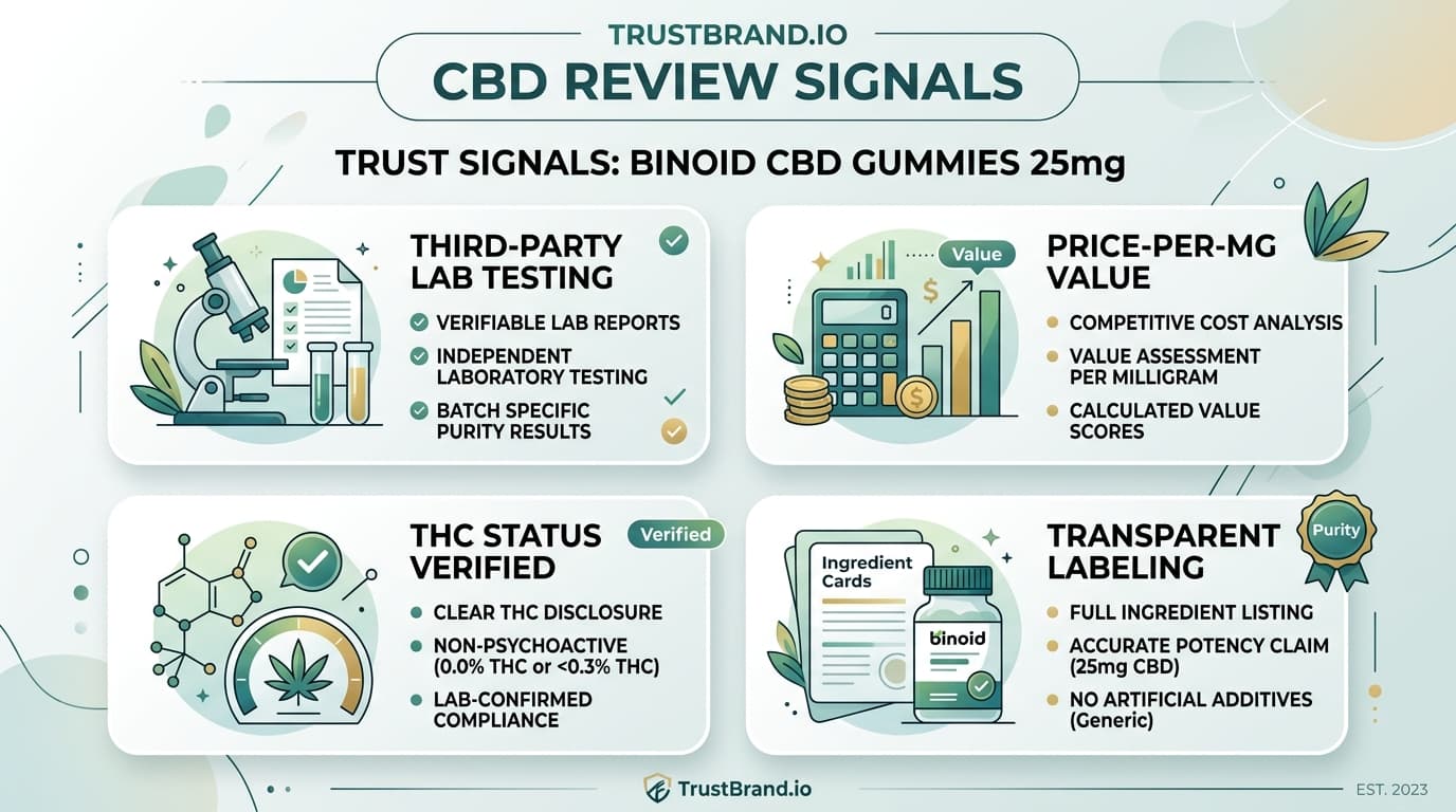 Binoid CBD Gummies 25mg lab testing and value infographic for TrustBrand