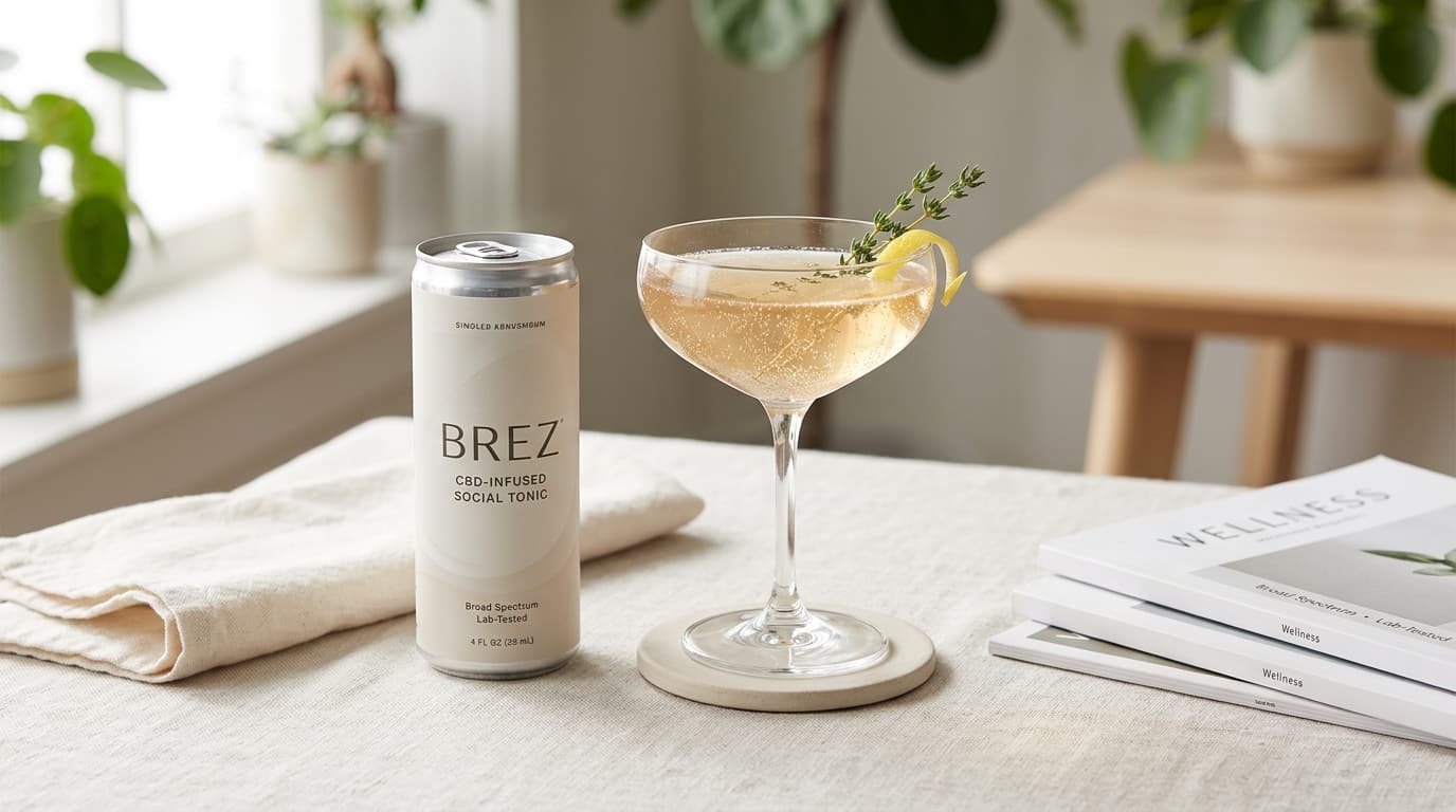 Brez CBD-Infused Social Tonic packaging and product-style review illustration for TrustBrand