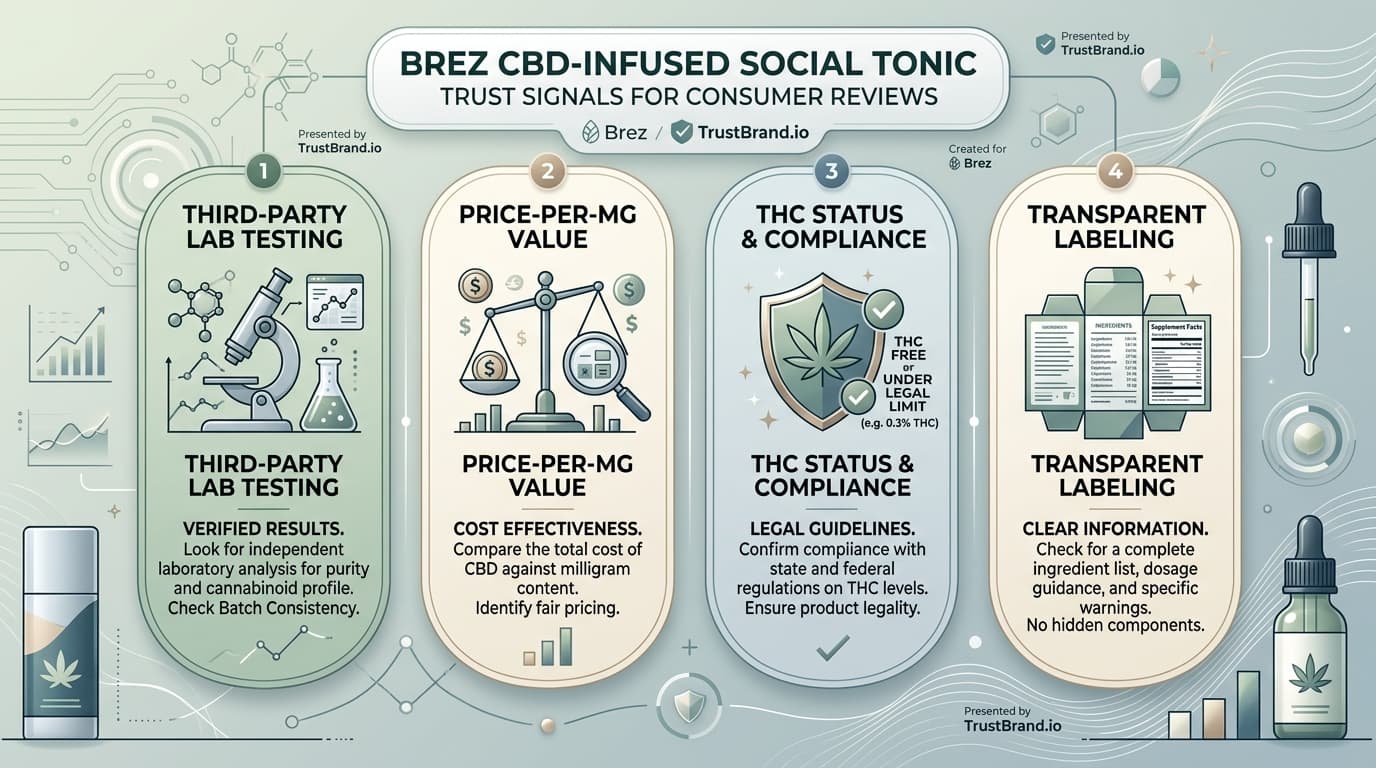 Brez CBD-Infused Social Tonic lab testing and value infographic for TrustBrand