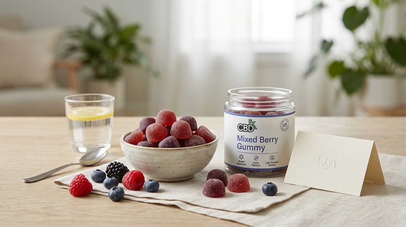 CBDfx Original Mixed Berry CBD Gummies packaging and product-style review illustration for TrustBrand