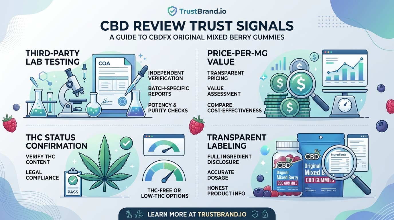 CBDfx Original Mixed Berry CBD Gummies lab testing and value infographic for TrustBrand