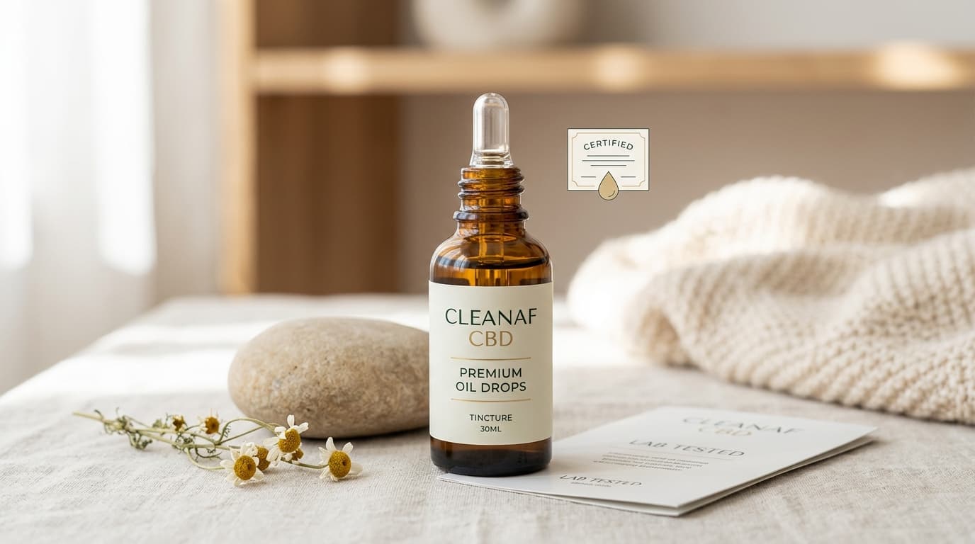 Cleanaf CBD Premium Oil Drops packaging and product-style review illustration for TrustBrand