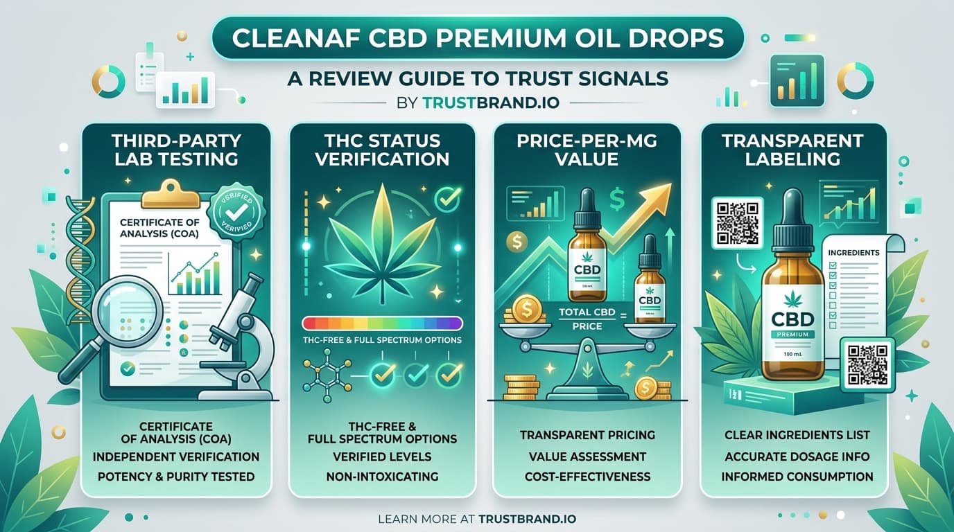 Cleanaf CBD Premium Oil Drops lab testing and value infographic for TrustBrand