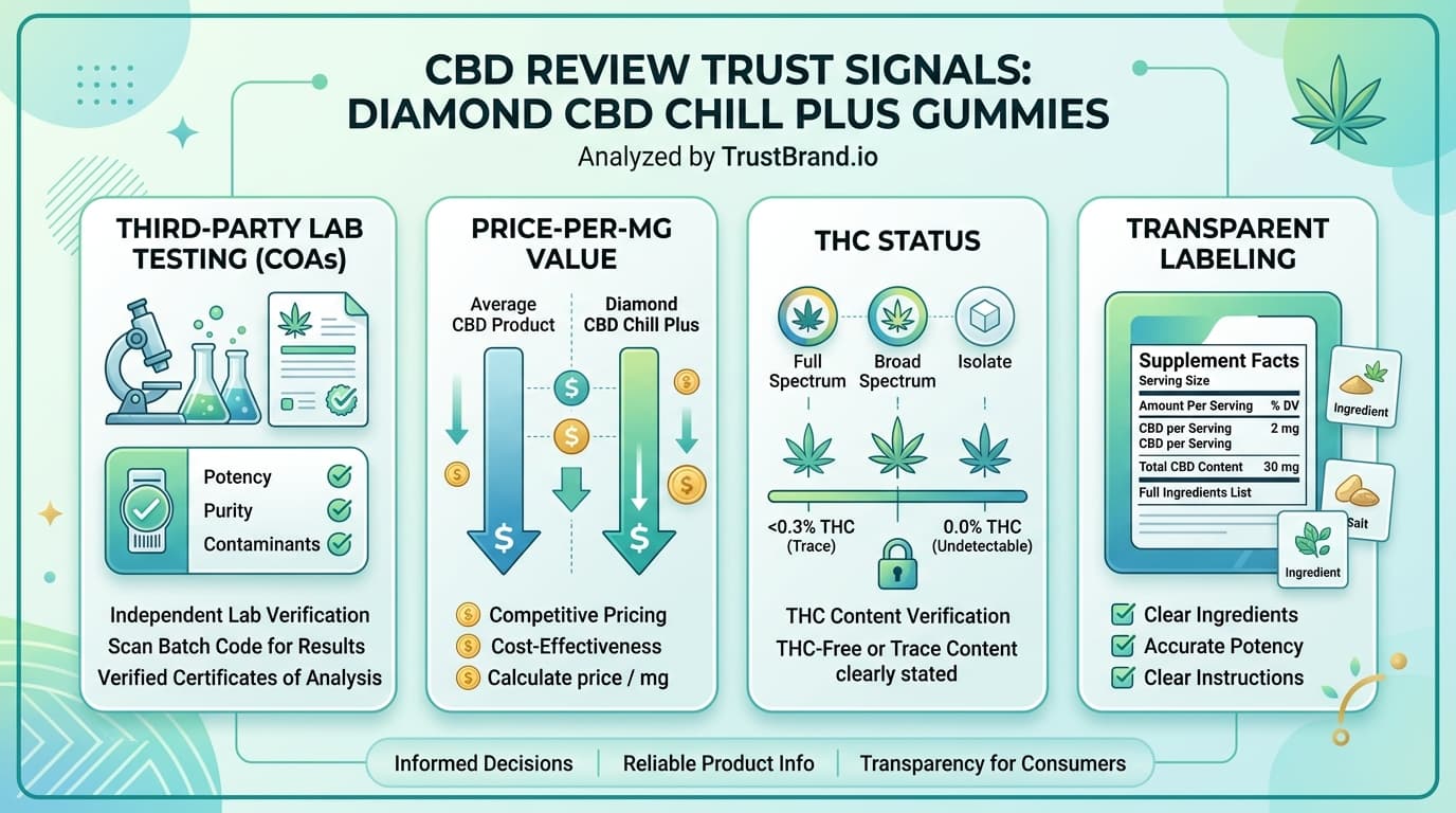 Diamond CBD Chill Plus Gummies lab testing and value infographic for TrustBrand