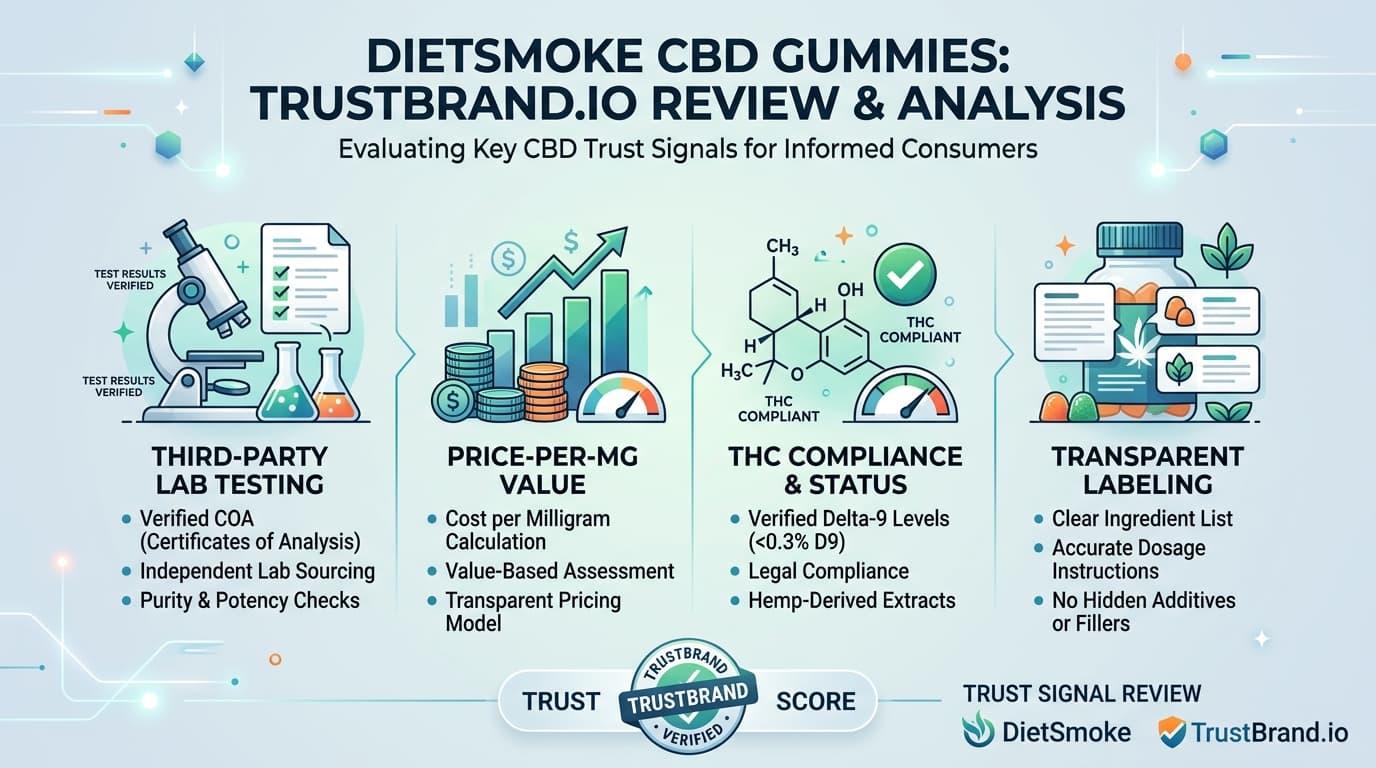 DietSmoke CBD Gummies lab testing and value infographic for TrustBrand