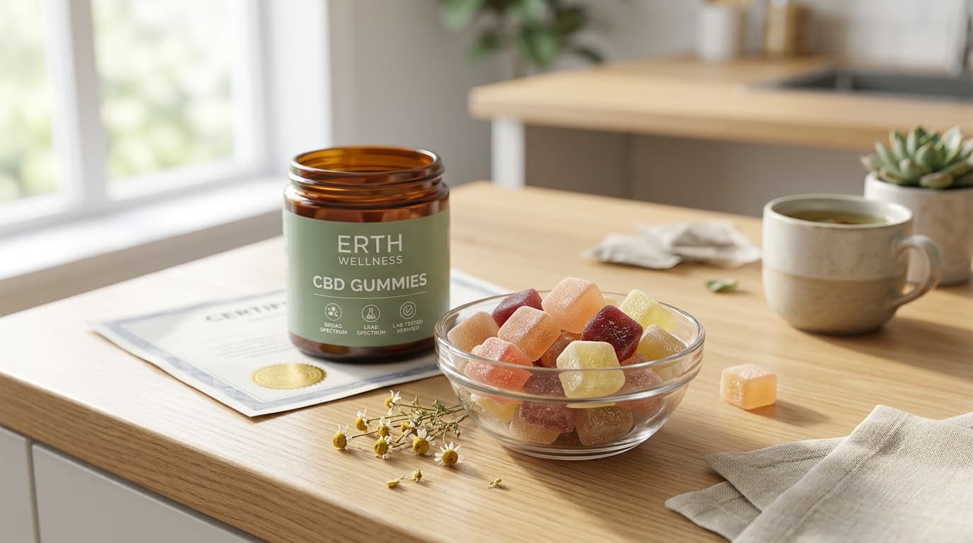 Erth Wellness CBD Gummies packaging and product-style review illustration for TrustBrand
