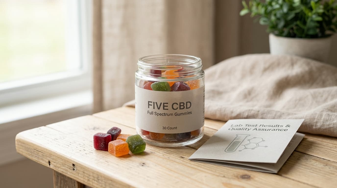 Five CBD Full Spectrum Gummies packaging and product-style review illustration for TrustBrand