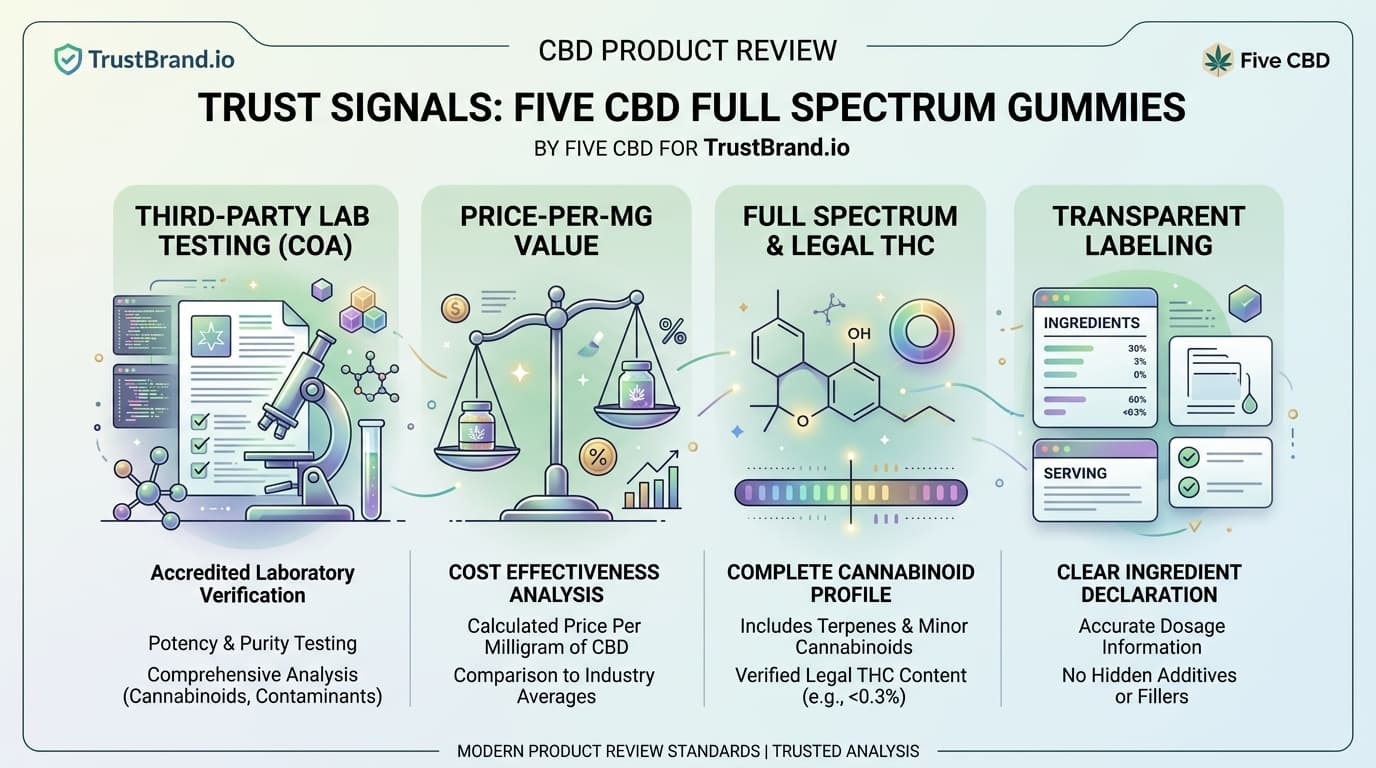 Five CBD Full Spectrum Gummies lab testing and value infographic for TrustBrand