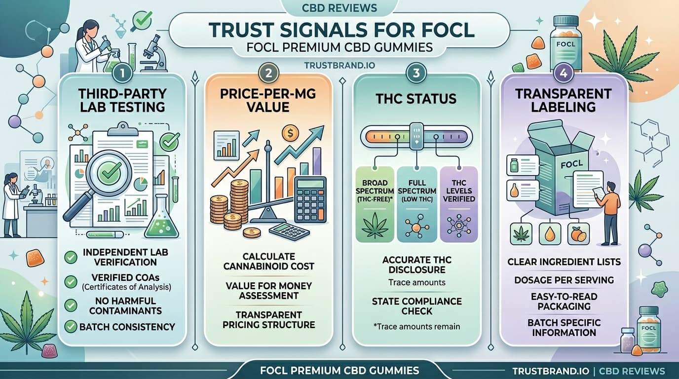 FOCL Premium CBD Gummies lab testing and value infographic for TrustBrand