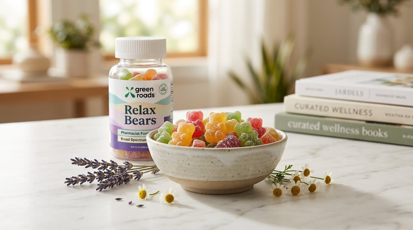 Green Roads Relax Bears CBD Gummies packaging and product-style review illustration for TrustBrand