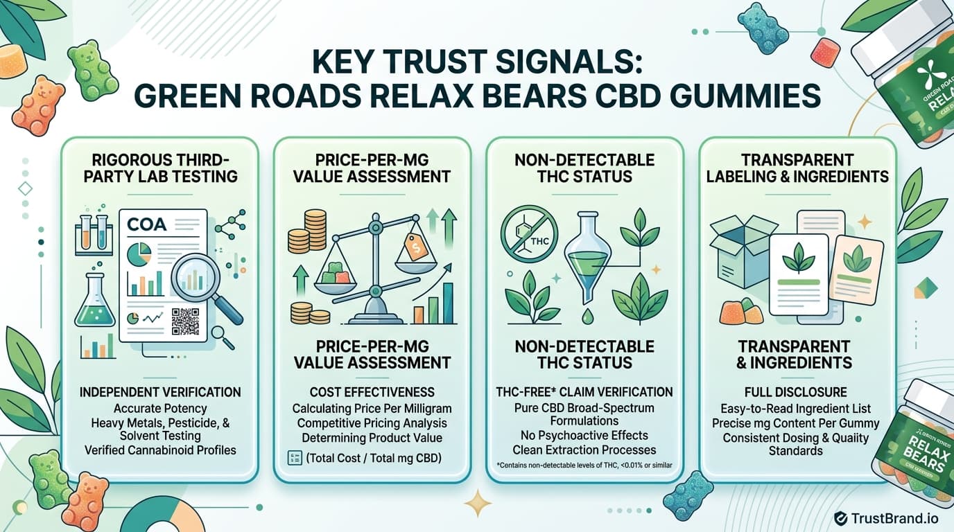 Green Roads Relax Bears CBD Gummies lab testing and value infographic for TrustBrand