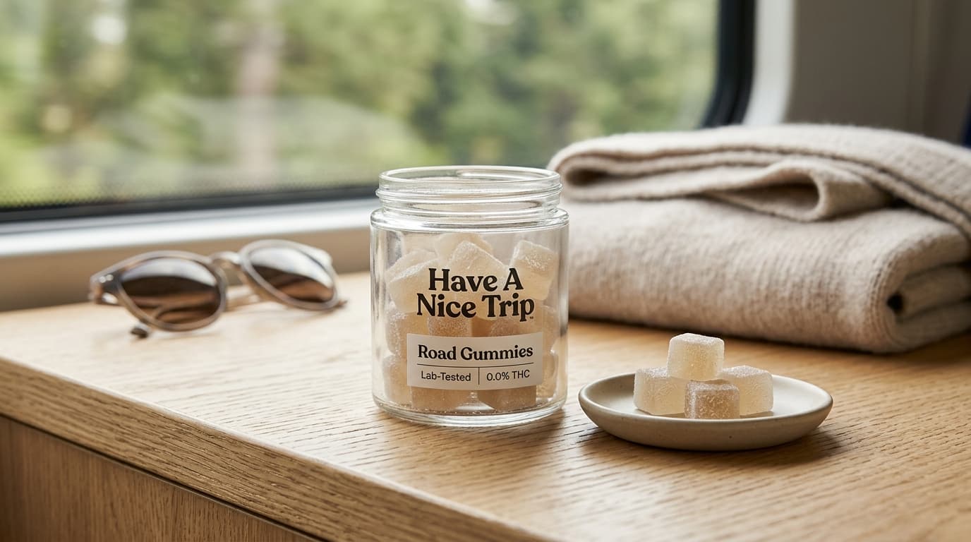 Have A Nice Trip Road Gummies packaging and product-style review illustration for TrustBrand