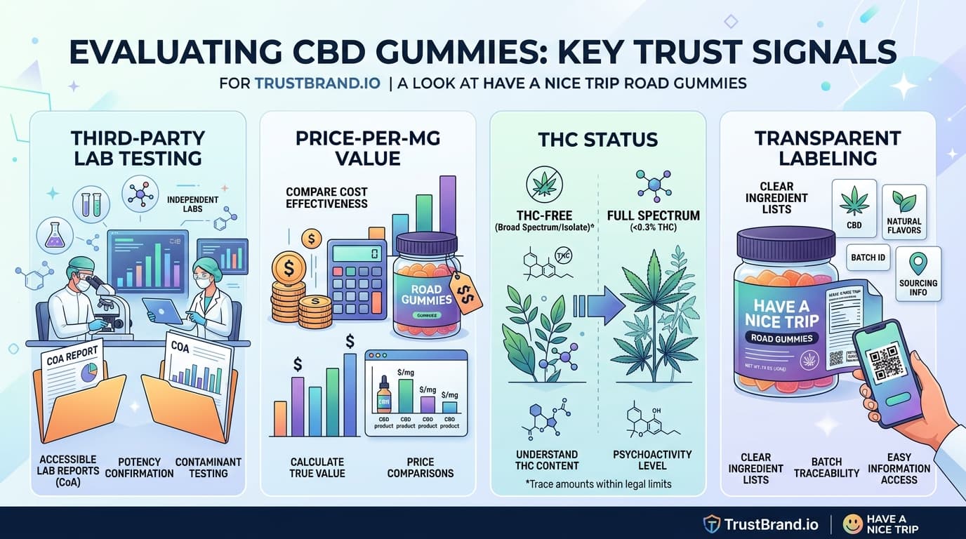 Have A Nice Trip Road Gummies lab testing and value infographic for TrustBrand