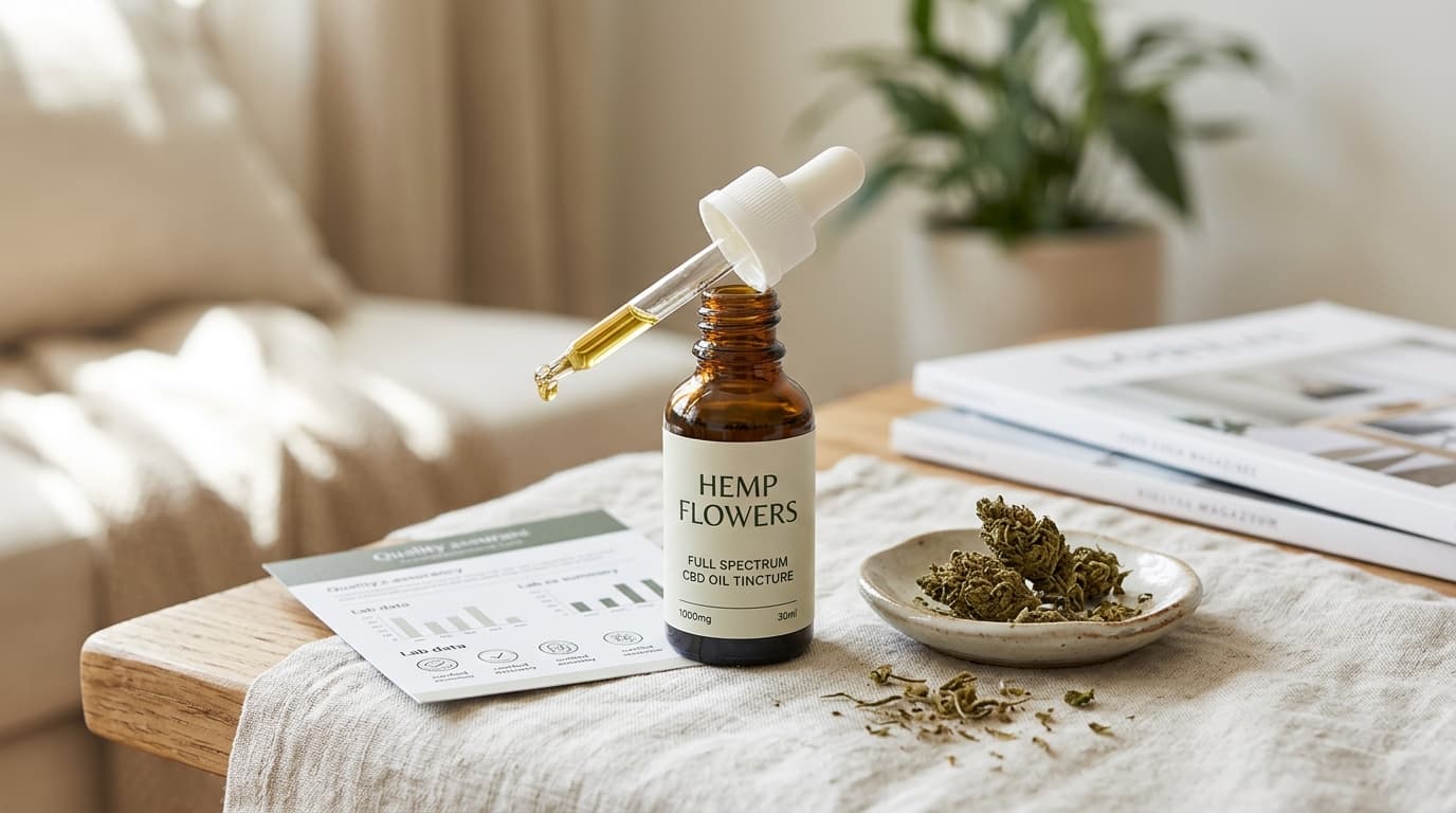 Hemp Flowers CBD Oil Tincture packaging and product-style review illustration for TrustBrand