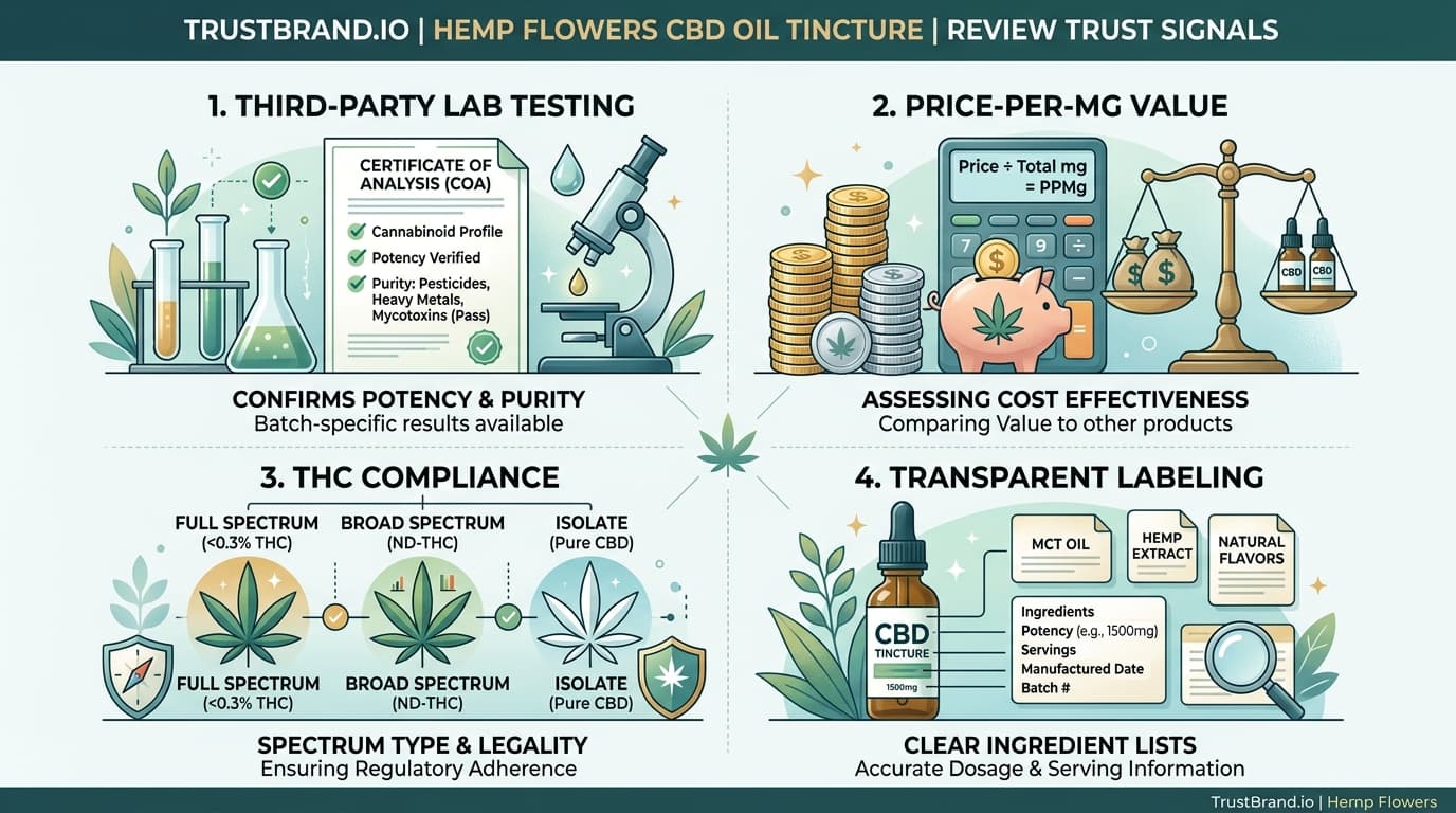 Hemp Flowers CBD Oil Tincture lab testing and value infographic for TrustBrand