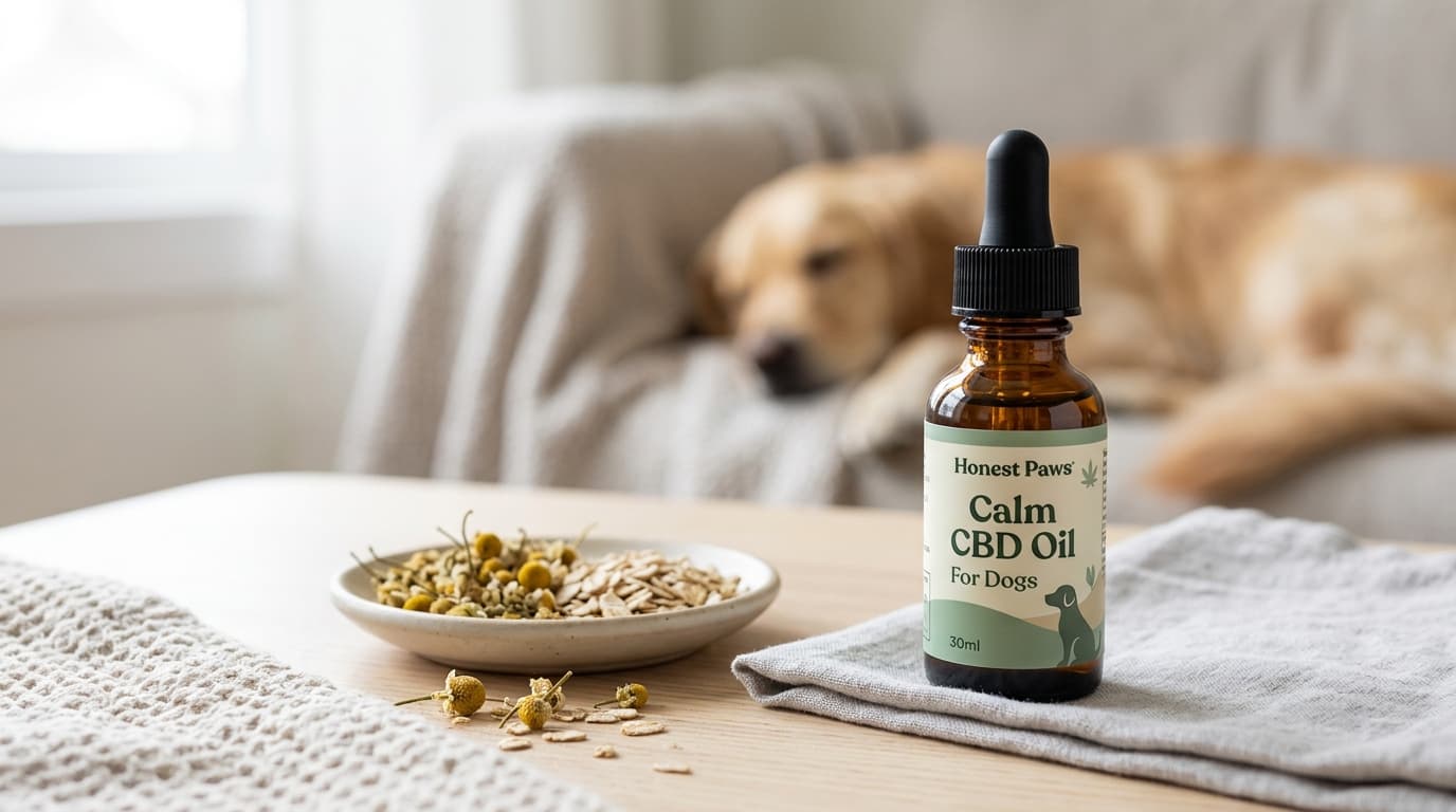 Honest Paws Calm CBD Oil for Dogs packaging and product-style review illustration for TrustBrand
