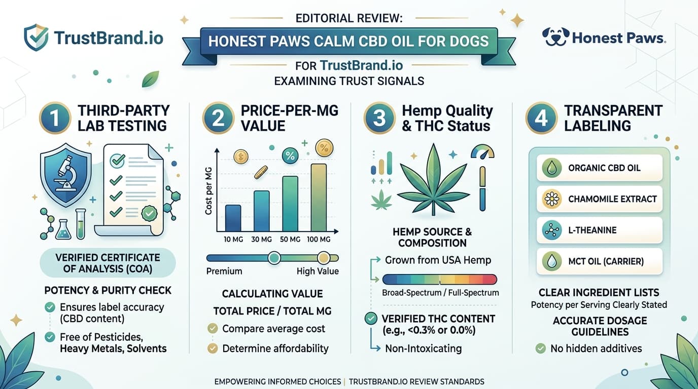 Honest Paws Calm CBD Oil for Dogs lab testing and value infographic for TrustBrand