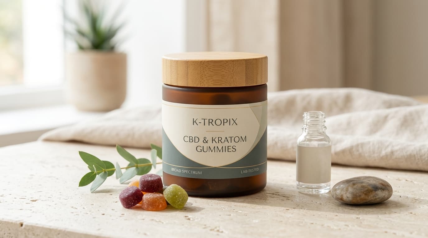 K-Tropix CBD & Kratom Gummies packaging and product-style review illustration for TrustBrand