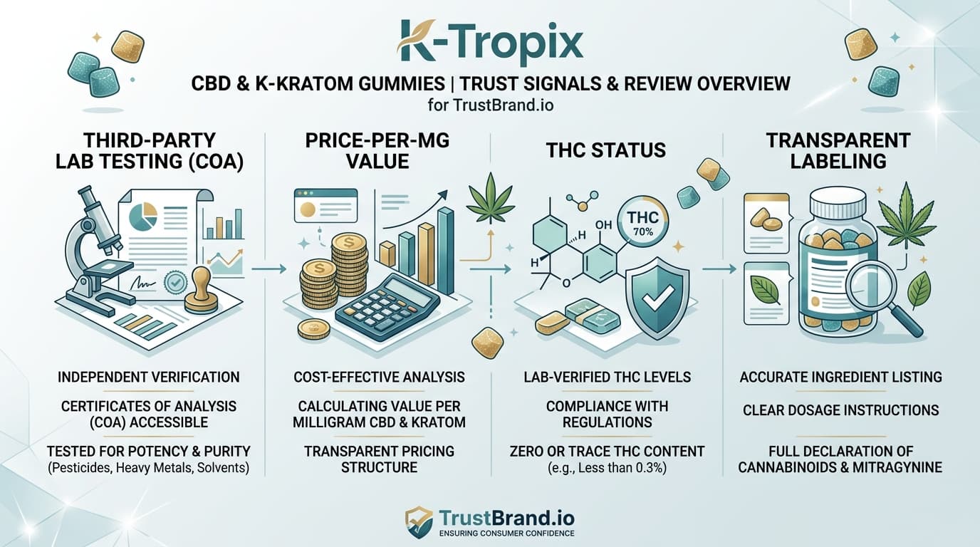 K-Tropix CBD & Kratom Gummies lab testing and value infographic for TrustBrand