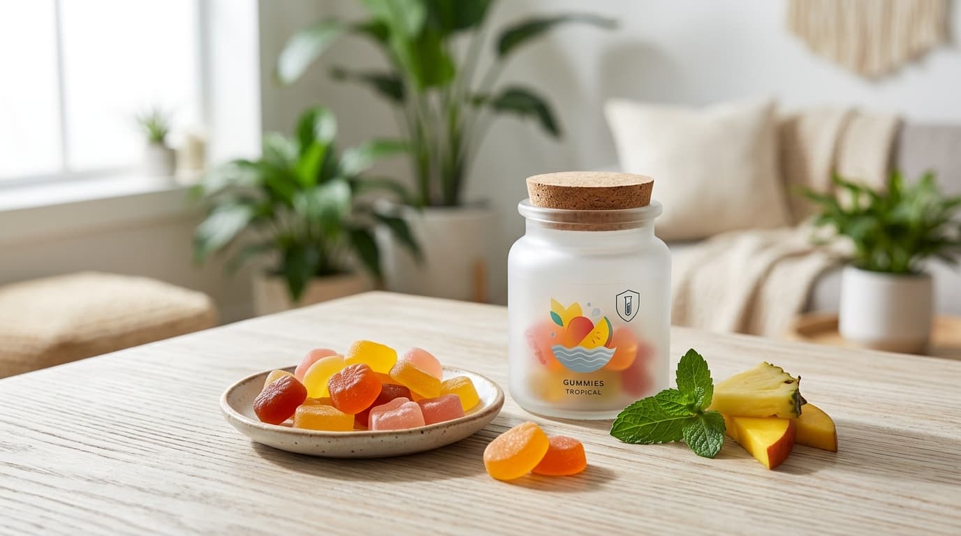 Koi CBD Tropical Gummies packaging and product-style review illustration for TrustBrand