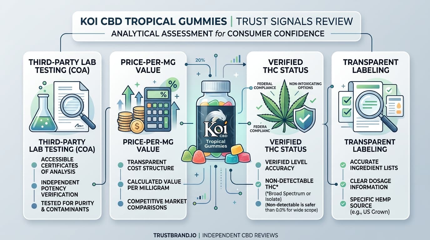 Koi CBD Tropical Gummies lab testing and value infographic for TrustBrand