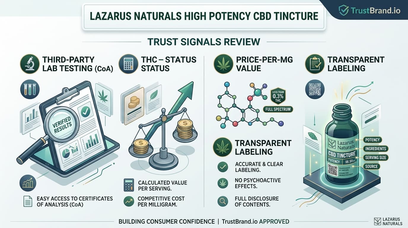 Lazarus Naturals High Potency CBD Tincture lab testing and value infographic for TrustBrand