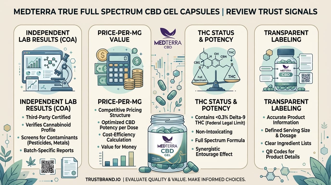 Medterra True Full Spectrum CBD Gel Capsules lab testing and value infographic for TrustBrand