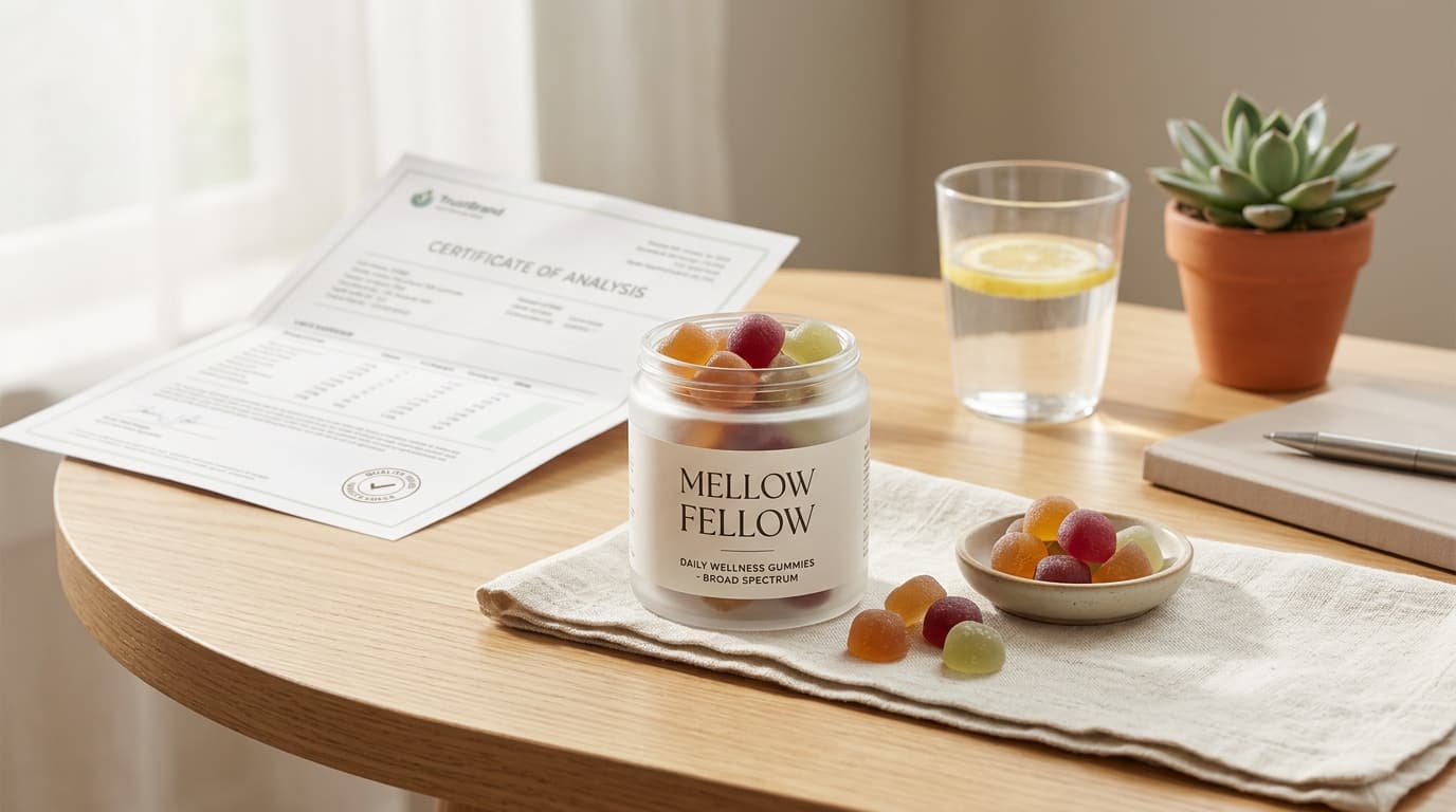 Mellow Fellow CBD Gummies packaging and product-style review illustration for TrustBrand
