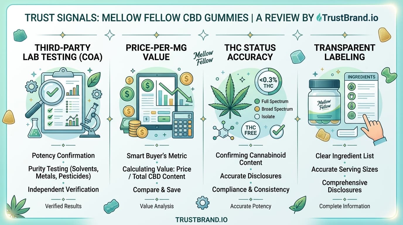 Mellow Fellow CBD Gummies lab testing and value infographic for TrustBrand
