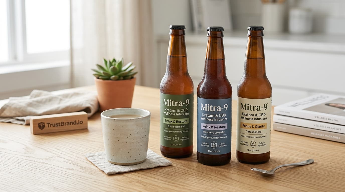 Mitra-9 Kratom & CBD Wellness Drinks packaging and product-style review illustration for TrustBrand
