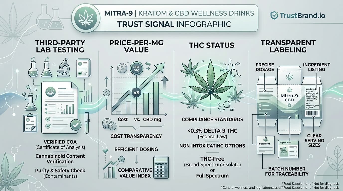 Mitra-9 Kratom & CBD Wellness Drinks lab testing and value infographic for TrustBrand