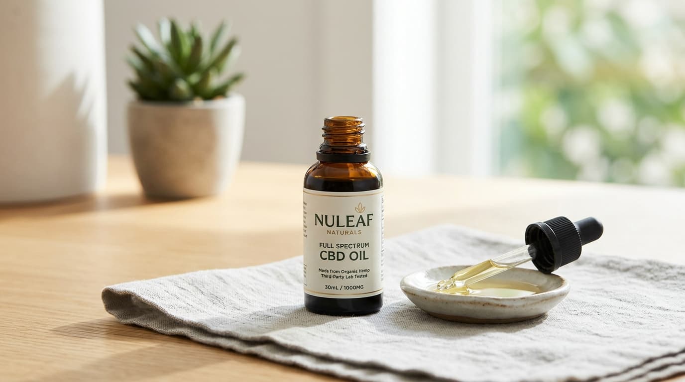 NuLeaf Naturals Full Spectrum CBD Oil packaging and product-style review illustration for TrustBrand