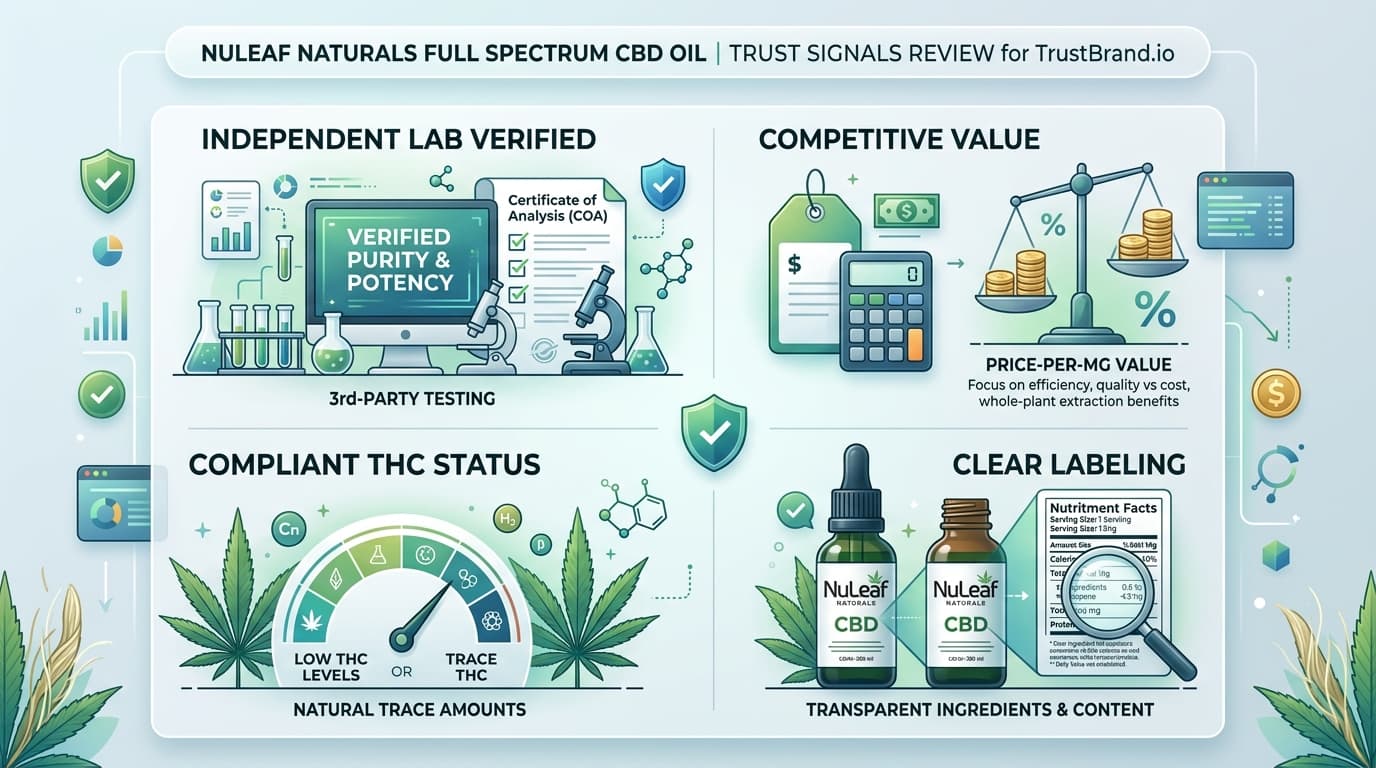 NuLeaf Naturals Full Spectrum CBD Oil lab testing and value infographic for TrustBrand