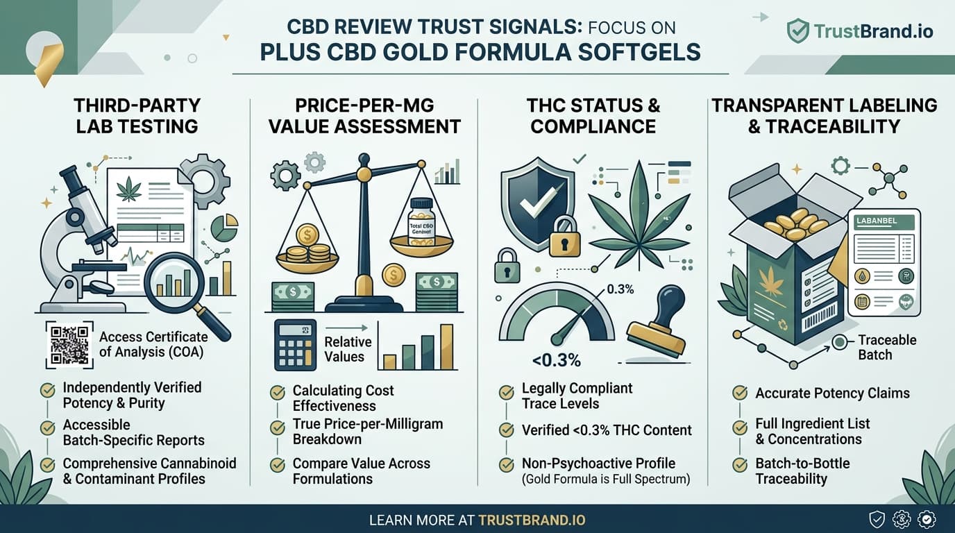 Plus CBD Oil Gold Formula Softgels lab testing and value infographic for TrustBrand