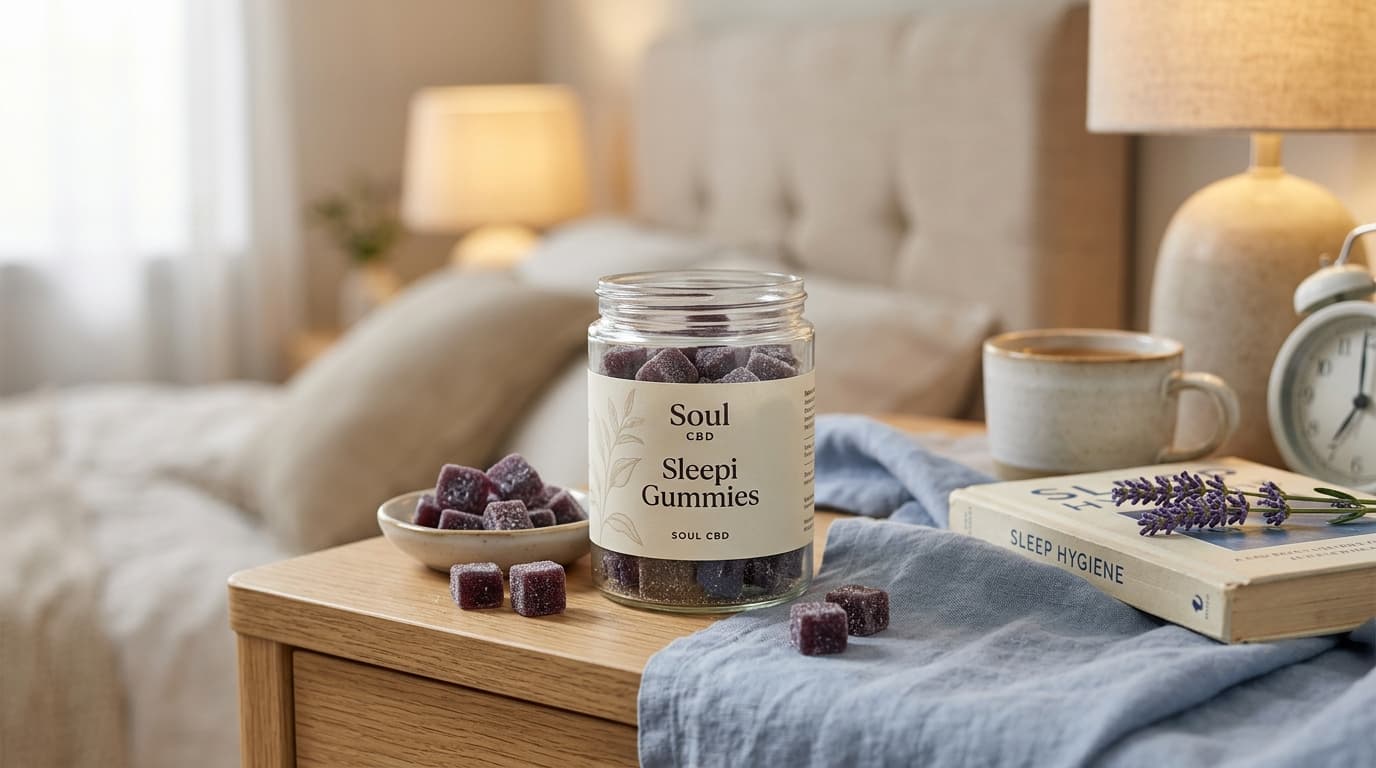 Soul CBD Sleepi Gummies packaging and product-style review illustration for TrustBrand