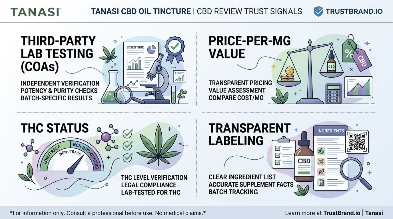 Tanasi CBD Oil Tincture lab testing and value infographic for TrustBrand