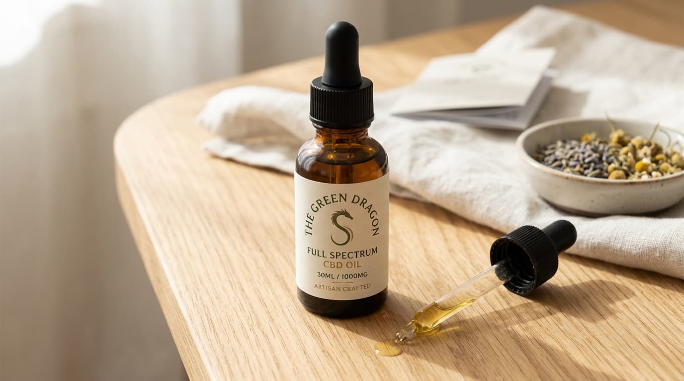The Green Dragon Full Spectrum CBD Oil packaging and product-style review illustration for TrustBrand