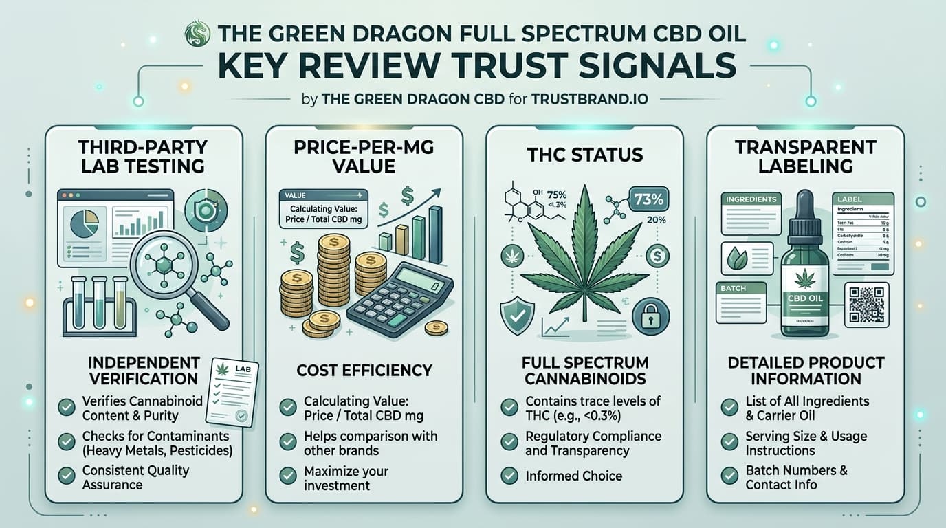 The Green Dragon Full Spectrum CBD Oil lab testing and value infographic for TrustBrand