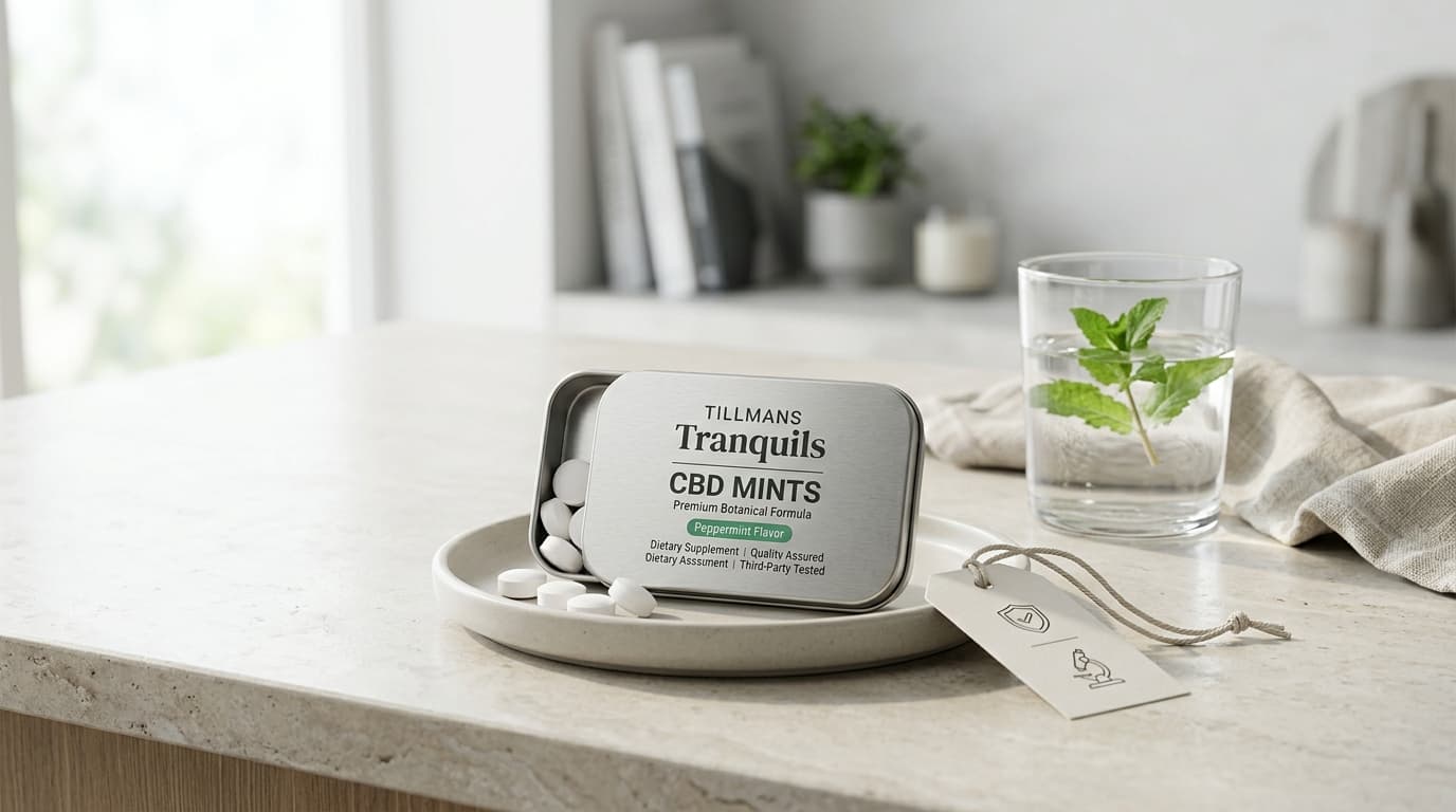 Tillmans Tranquils CBD Mints packaging and product-style review illustration for TrustBrand