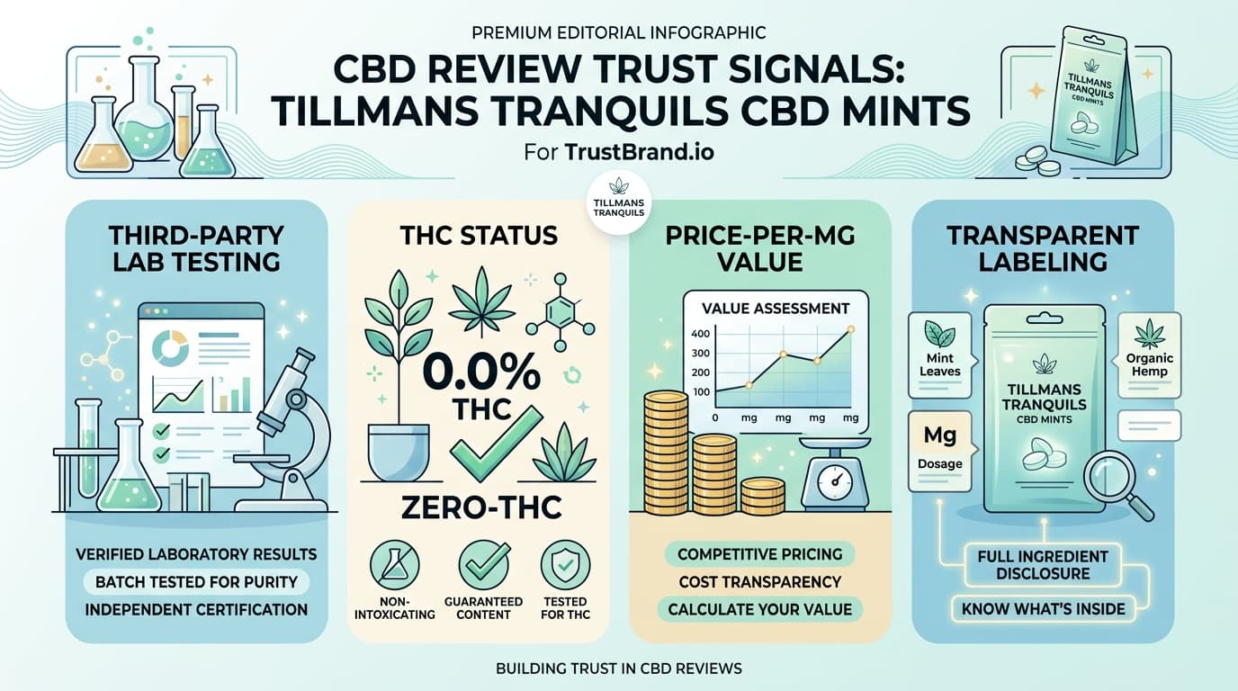Tillmans Tranquils CBD Mints lab testing and value infographic for TrustBrand