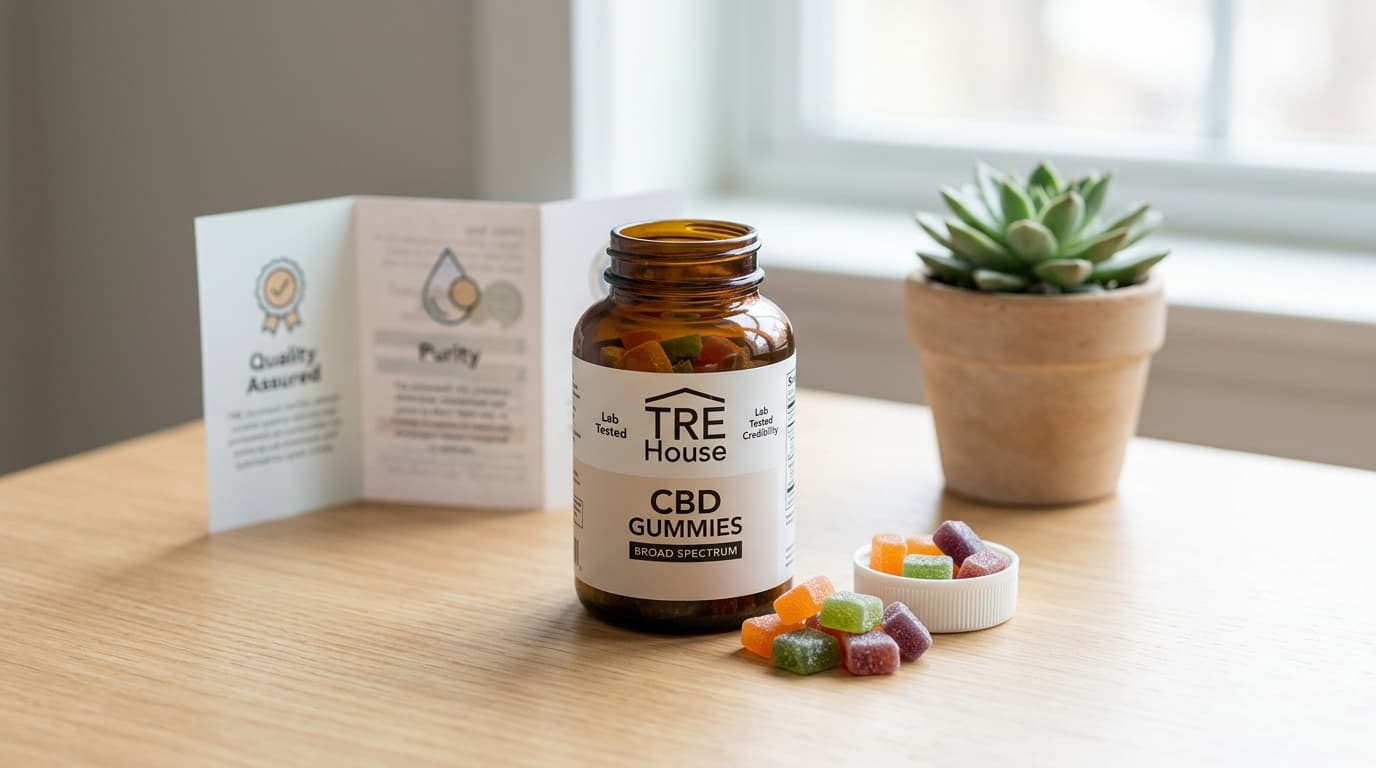 TRE House CBD Gummies packaging and product-style review illustration for TrustBrand