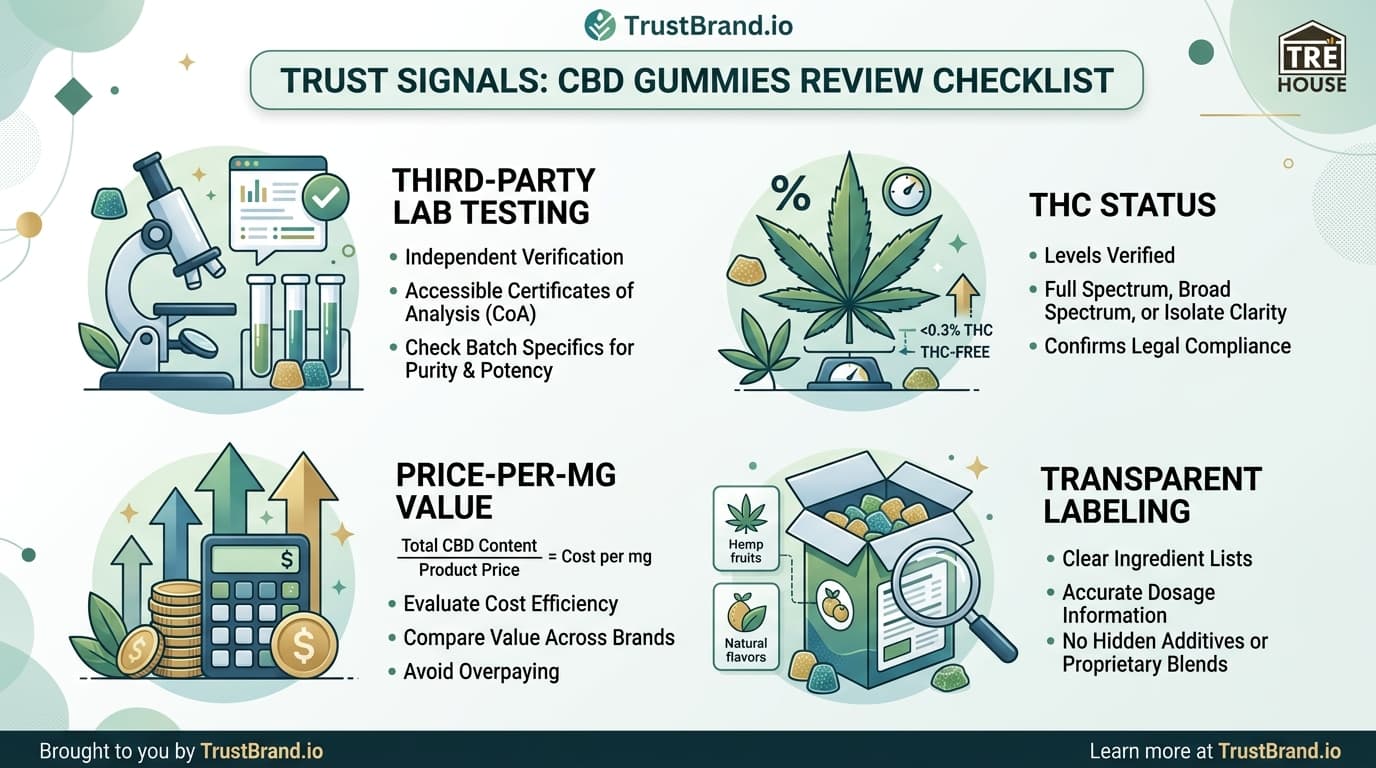 TRE House CBD Gummies lab testing and value infographic for TrustBrand