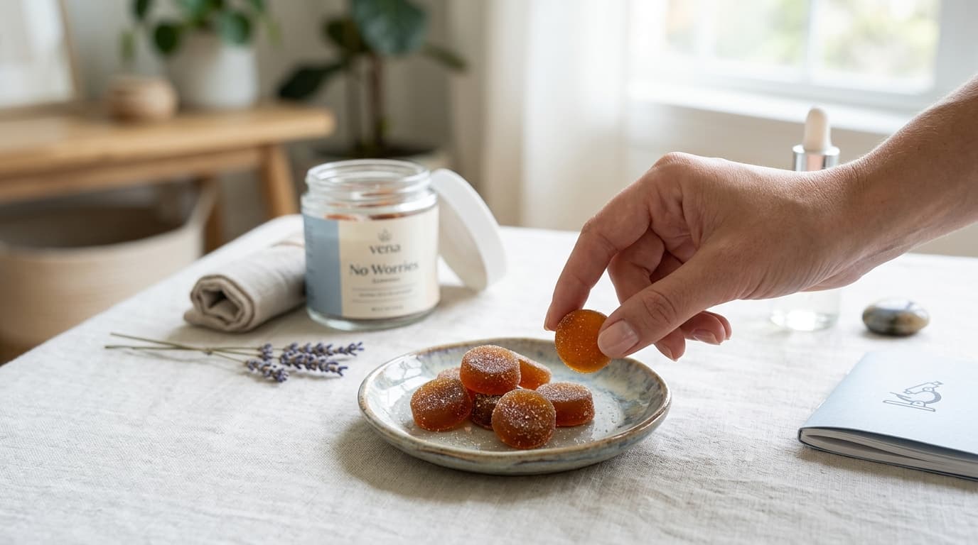 Vena No Worries Gummies packaging and product-style review illustration for TrustBrand