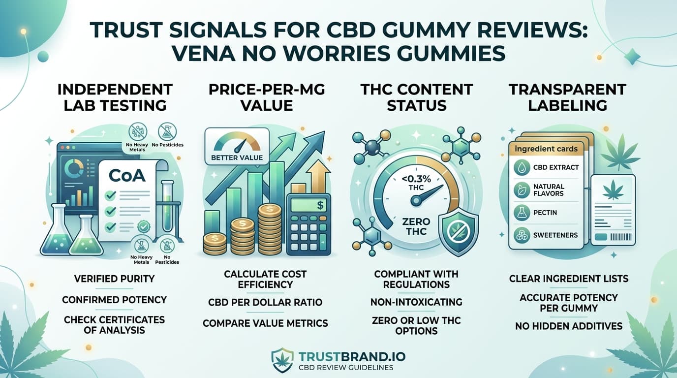 Vena No Worries Gummies lab testing and value infographic for TrustBrand