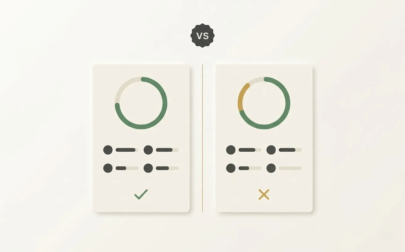 Side-by-side product comparison layout with trust and scoring cues