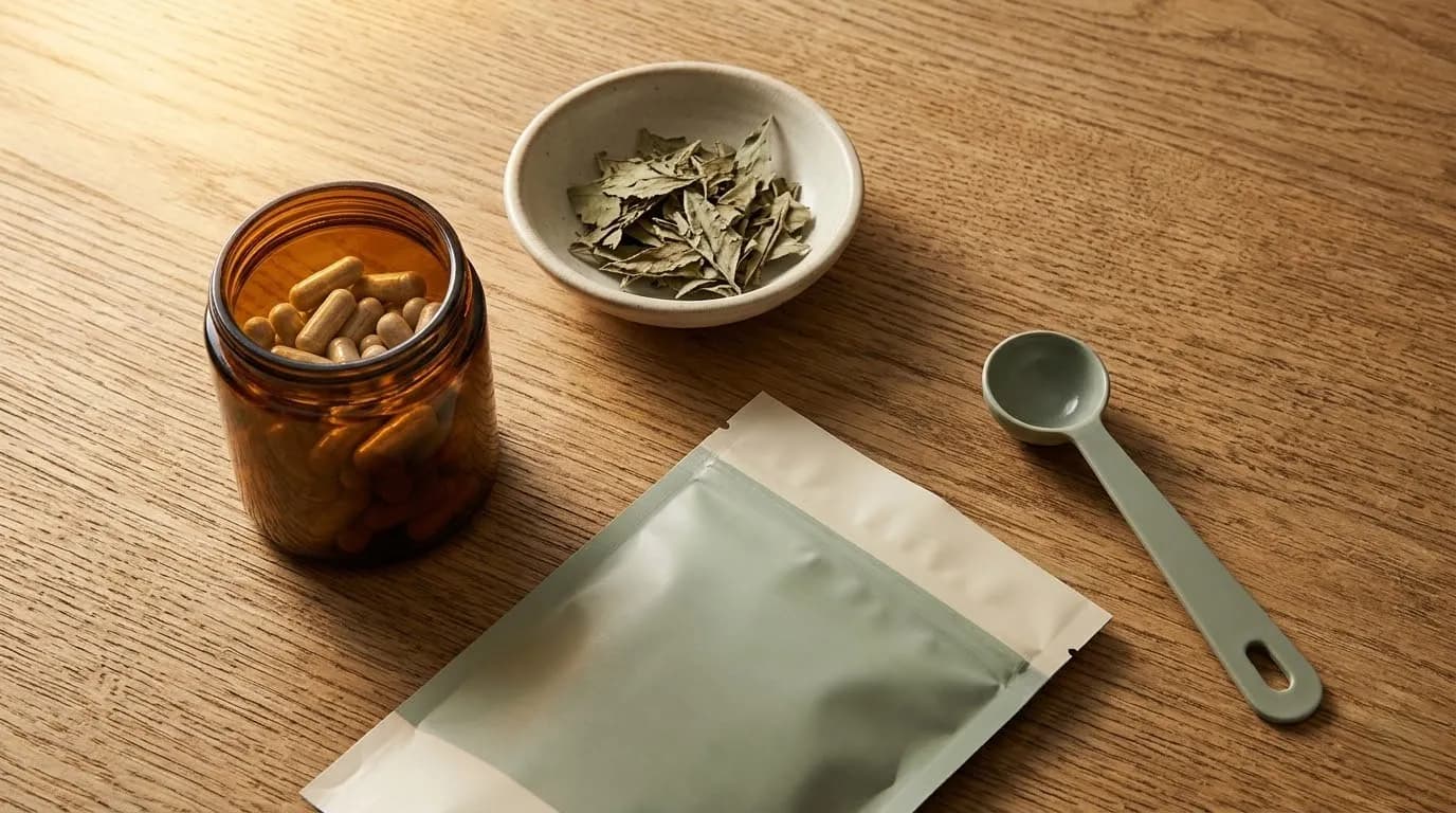 Editorial wellness category banner with supplement and botanical product styling