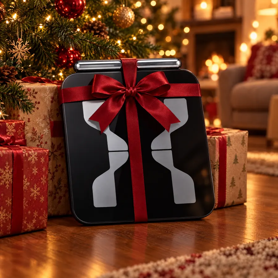 Hume Pod 2.0 wrapped with a red ribbon under a Christmas tree