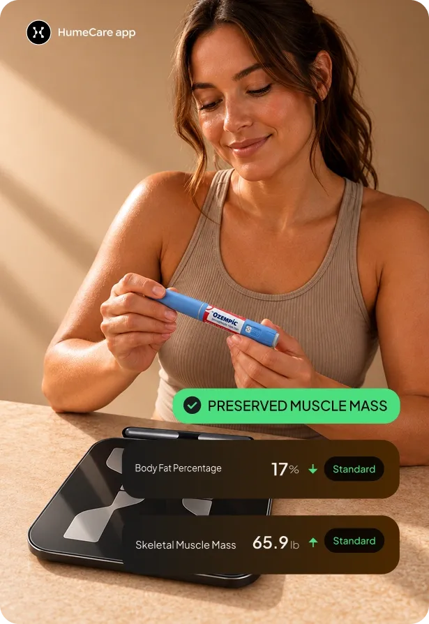 Woman holding a GLP-1 pen next to her body composition readings