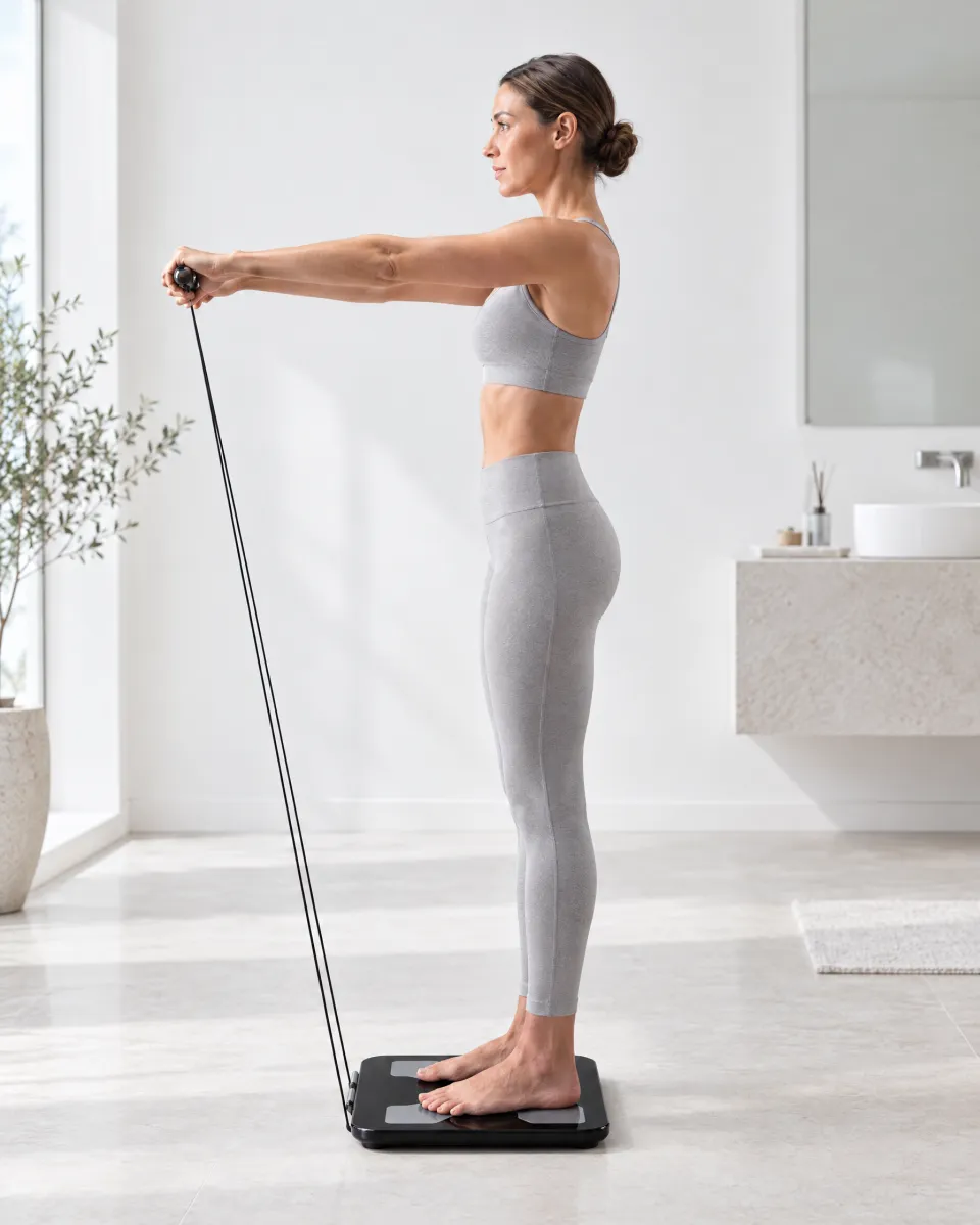 Woman standing on the Hume Pod 2.0 with arms out, holding its handles