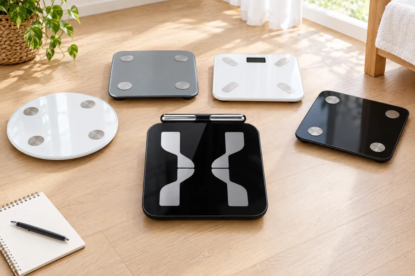 Several smart scales on a wooden floor with the Hume Pod 2.0 in front